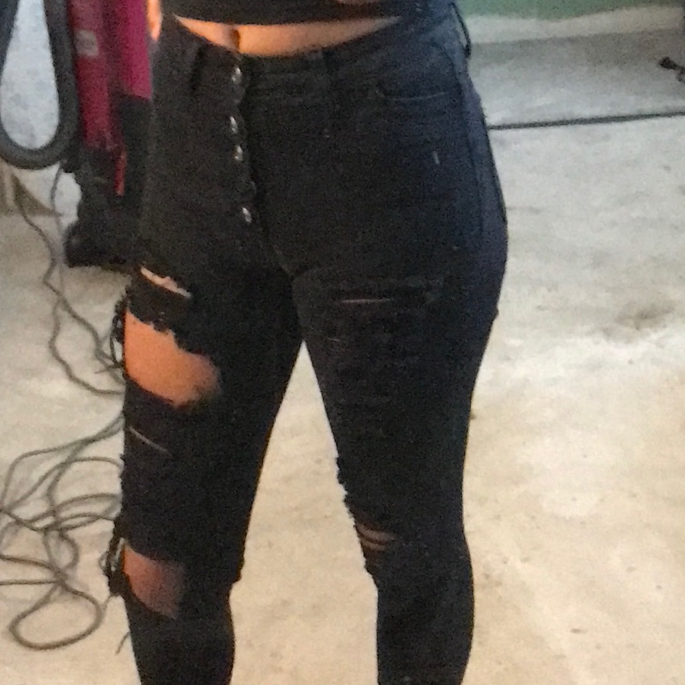Black buttoned Distressed Pants ;